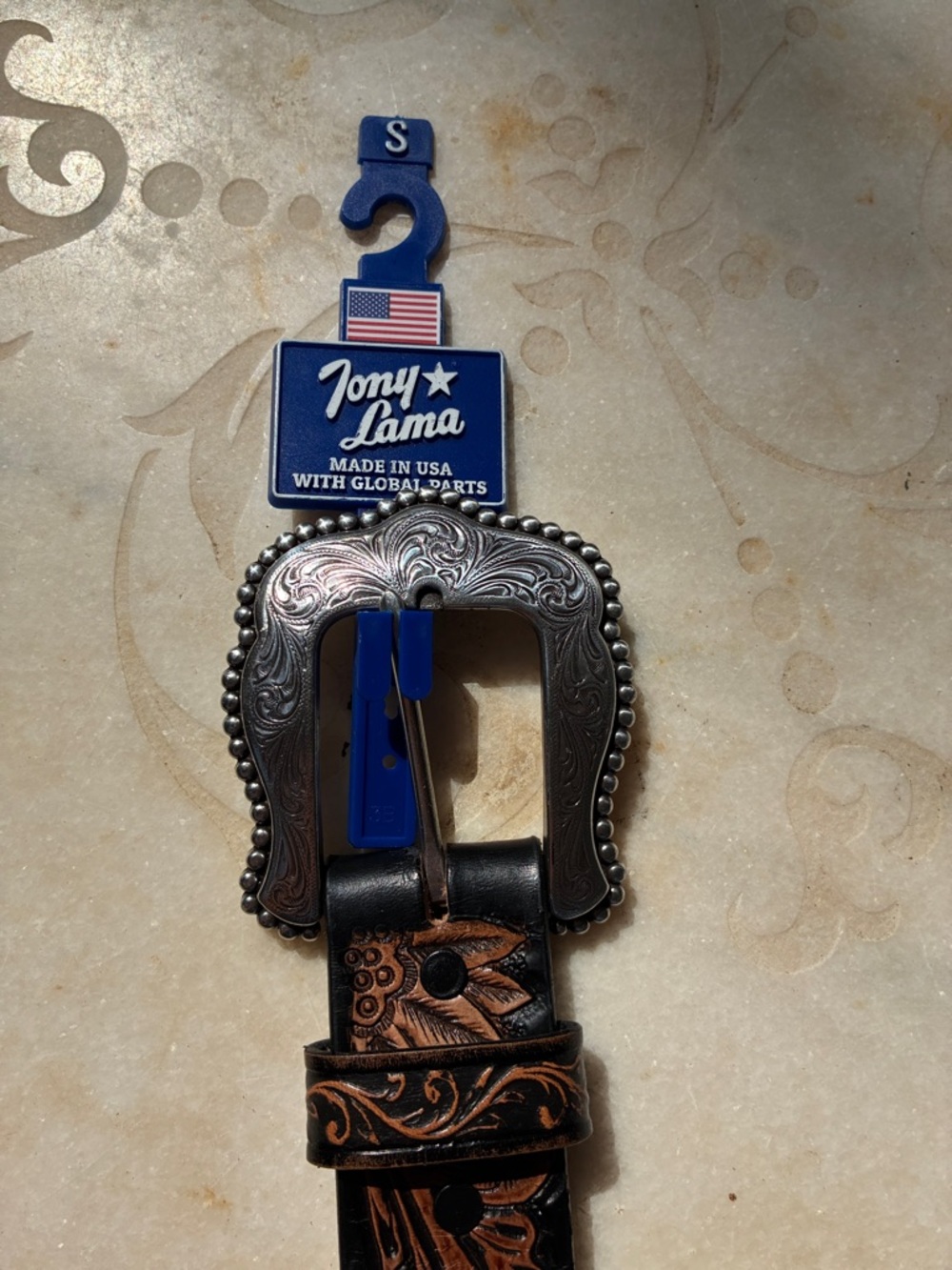 Tony Lama Brown Tooled Leather Western Belt with Decorative Buckle Sz S - Picture 2 of 12